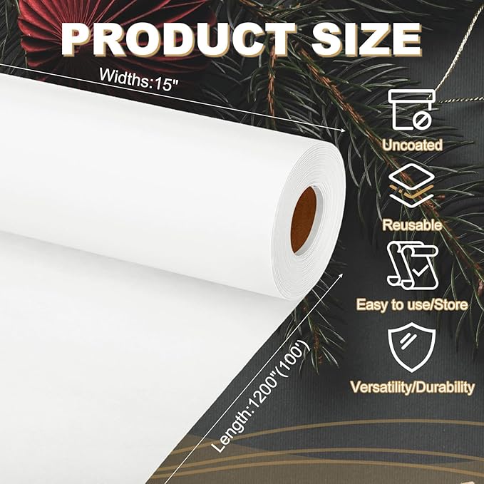 PATIKIL Wrapping Paper, 15"x1200"(100') Bulletin Board Paper Roll Kraft Paper Roll Construction 80GSM for Shipping Packing Gift Wrapping Craft Flower Bouquet Christmas, White