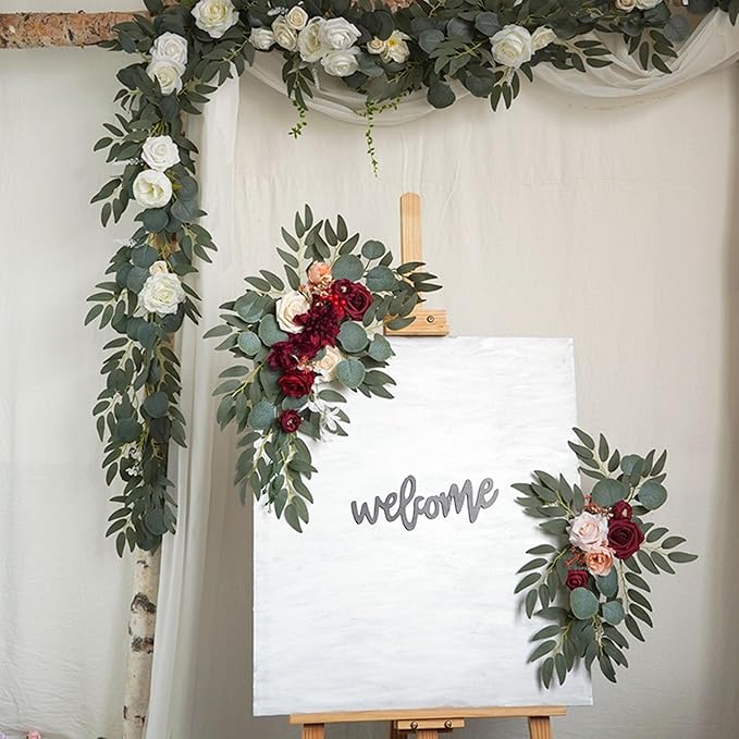 Burgundy Wedding Arch Flowers, Faux Flower Swag Set of 2, Red Floral Swag for Wedding Arch Welcome Signs, Reception Ceremony Signs Decor
