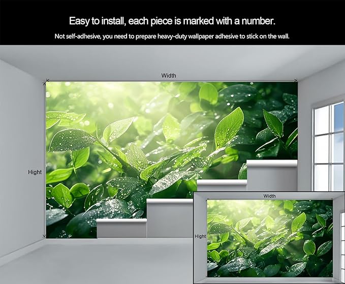 Dewdrops Green Leaf Wall Mural, Botanical Forest Sunlight 3D Wall Murals, Refreshing Nature Wallpaper Mural, for Living Room Bedroom Large Wallpaper Indoor Decor 137.8" W x100 H