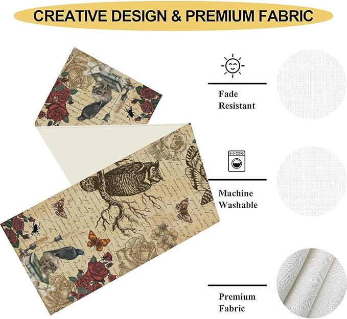 Gothic Floral Table Runner, Retro Dark Skull Moth Vintage Flower Halloween Day of Death Witchy Coffee Table Center Decor for Home Kitchen Dining Patio Holiday Party Table Decorations 13x108 inches