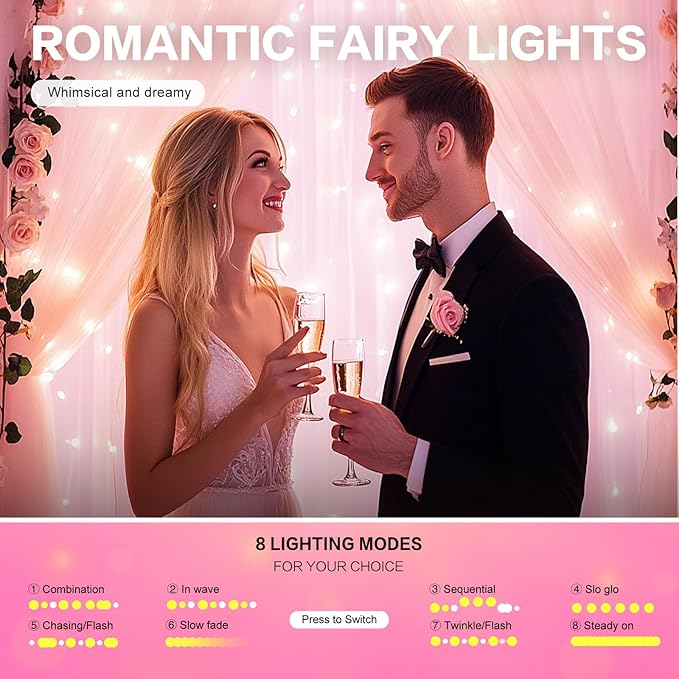 Tulle Curtain Backdrop with 300 LED Fairy Lights for Parites Wrinkle-Free Sheer Curtain Drapes Photo Back Drop for Wedding Baby Shower Bridal Shower Birthday Dance Home Décor - 10ft×10ft, Pink