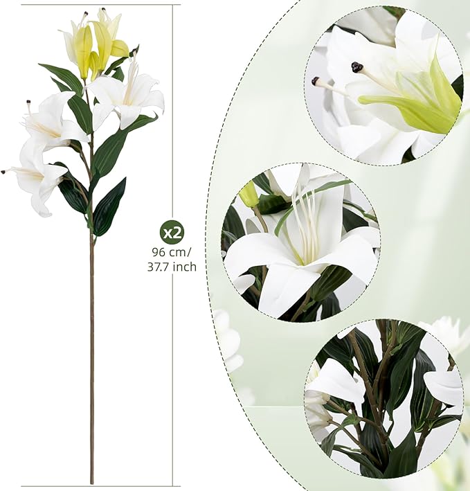 2PCS 37.7Inch White Artificial Lily Flowers With 10 Heads Lilies Faux Flowers for Floor Vase Wedding Home Party Indoor Table Hotel Office Vases Floral Arrangements Outdoor Party Garden Decor(White)