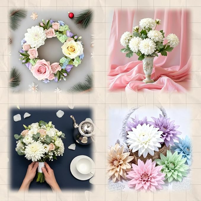 Dahlia Artificial Flowers, 23 inch White Silk Flowers with 6 Heads, Realistic Faux Floral Stems for Wedding Centerpieces and Home Decor