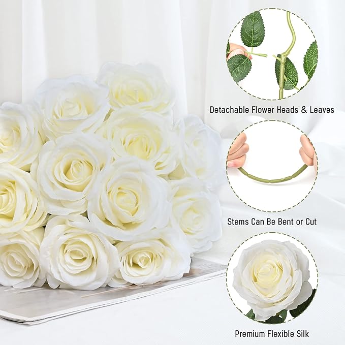 Waipfaru 8 Pcs Fake White Roses Artificial Flowers Bulk, Real Touch Silk Faux Roses with Long Stems for Wedding Bouquet Vase Flower Arrangement Table Centerpieces Home Decor (White)