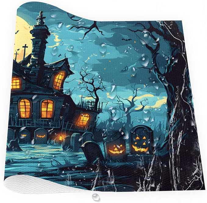 Halloween Castle Moon Scary Placemats Set of 6 PVC Vinyl Non Slip Table Mats Heat Resistant Place Mats Washable Wipeable Dining Table Mat for Kitchen Decor Party Indoor Outdoor Decorative Gift