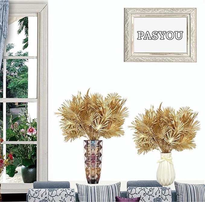 PASYOU Gold Fake Plants, Artificial Flowers Decoration for Christmas Golden Leaves Crafts Plastic Faux Grass Indoor Outdoor Home Garden Wedding Party Room Bedroom Table Centerpiece Decor, 4 Pack