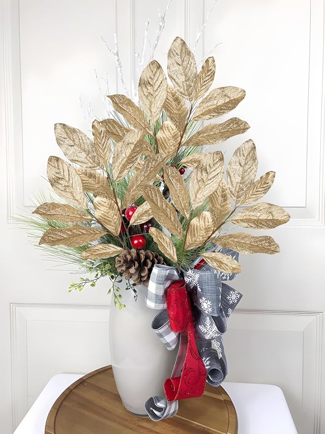 Champagne Christmas Glitter Magnolia Leaves Spray, 31inch Christmas Tree Picks and Sprays, Artificial Glitter Stem Ornaments for Christmas Tree Garland Wreath Centerpiece, 3PCS