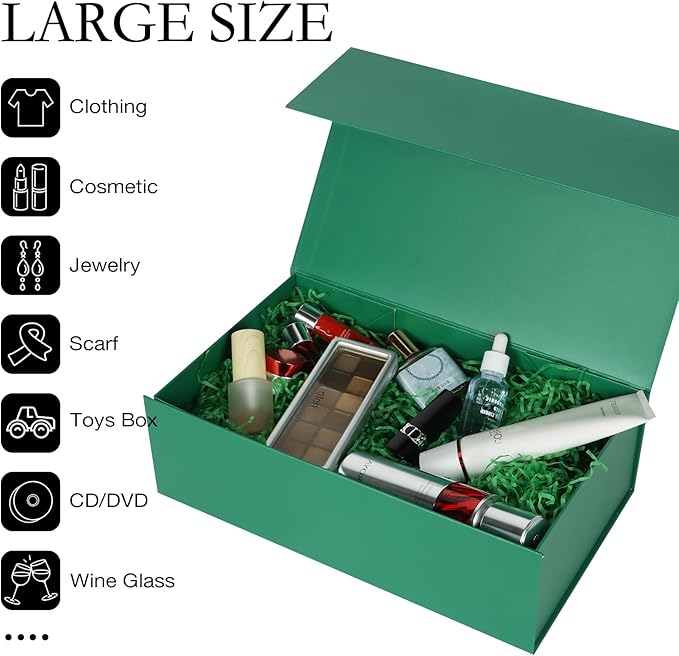 Green Christmas Gift Box with Magnetic Lids 13.8x8.3x4.4 in, Bridesmaid Groomsman Proposal Box, Large Rectangle Storage Box 1 Pack