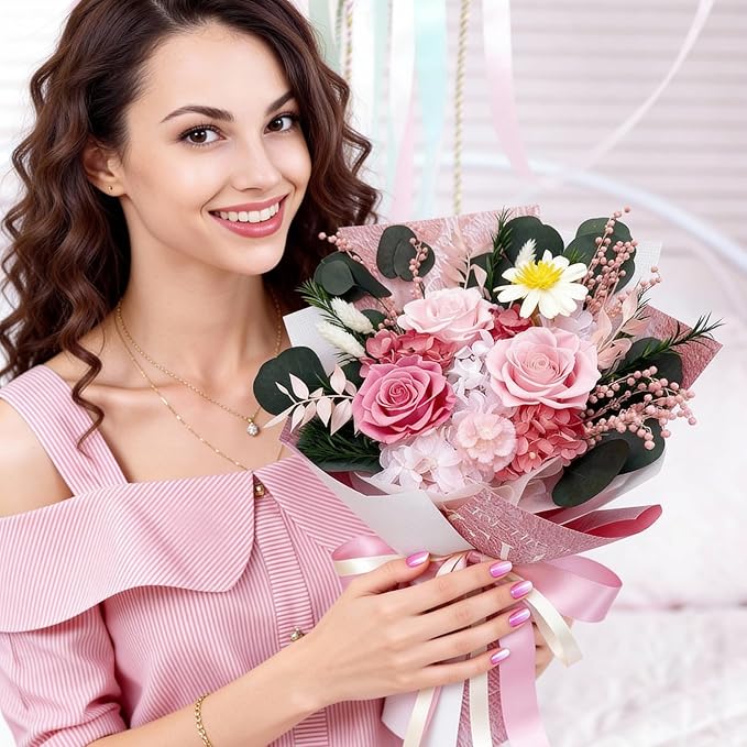 HUACHIPLUS Preserved Roses Bouquet-Good Fortune Gifts for Women Wife Girlfriend Mom-Fresh Flowers Bouquet-Flowers for Delivery Prime on Christmas Valentines Anniversary Mothers Day Birthday (Pink1)