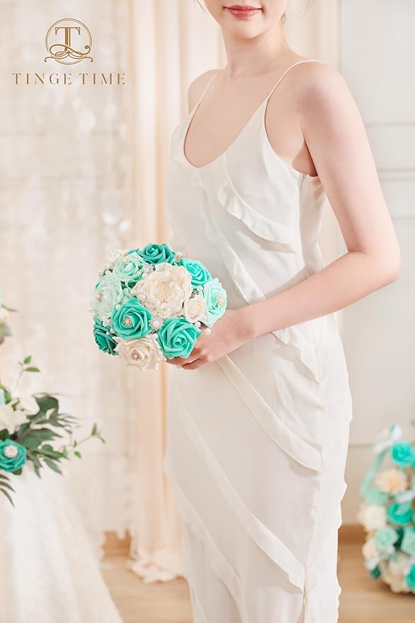 TINGE TIME 7 Inch Artificial Flowers Wedding Bouquets for Bridesmaid, Set of 4, Bride Tossing Bouquet for Rustic Wedding Ceremony Bridal Shower Vintage Party (Teal Green & Champagne)