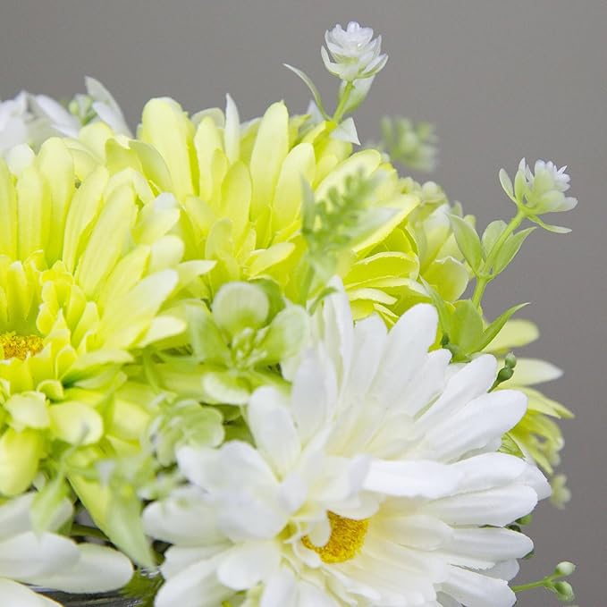 Artificial Daisy Flowers Vases for Table Centerpiece Decor, Lifelike Fake Silk Spring Flowers, Perfectly Mimics Real Daisy and Spring Blooms (Green & White with Glass Vase)
