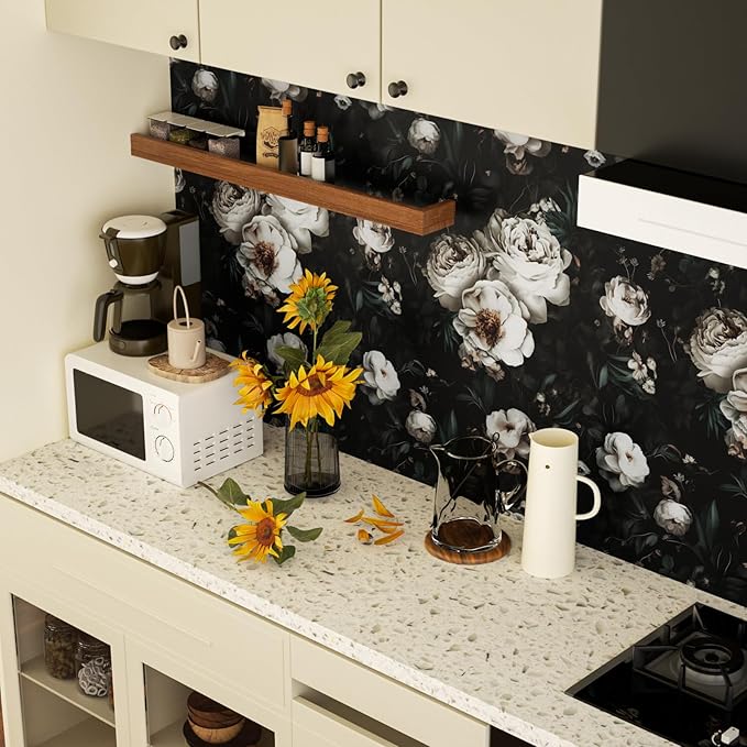 Dark Wallpapr Peel and Stick Boho Wallpaper 17.5in x 393in Black Floral Contact Paper Waterproof Self Adhesive Vintage Large Floral Wall Paper for Bedroom Walls Cabinet Decor