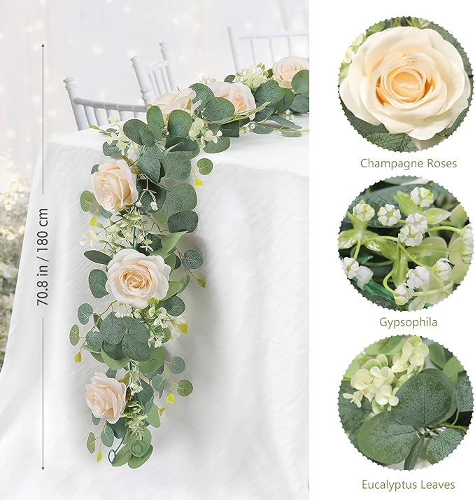 TOCHGREEN 2Pcs(13 Ft) Artificial Eucalyptus Flower Garland with Champagne Rose Flowers,Faux Rose Vine Gypsophila,Floral Greenery for Home Wedding Table Decor (Champagne, 2PCS)
