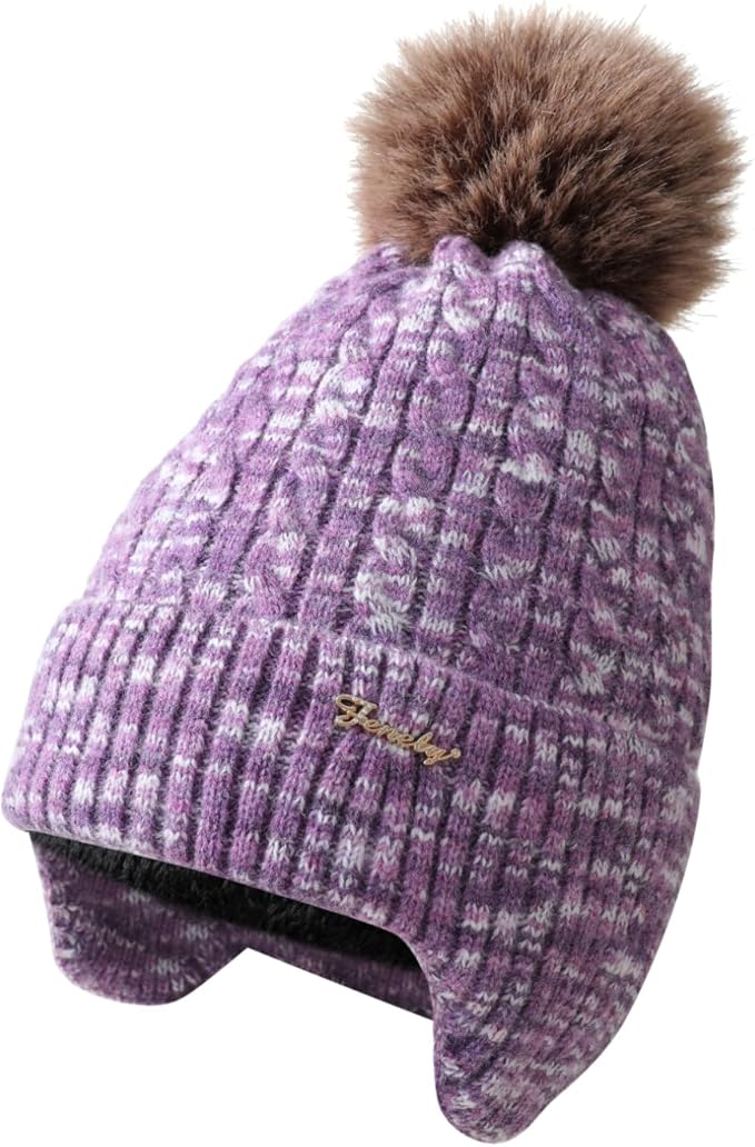 FENELY Women's Knitted Warm Beanie Winter Hat, Warm Chunky Snow Hat with Pompom