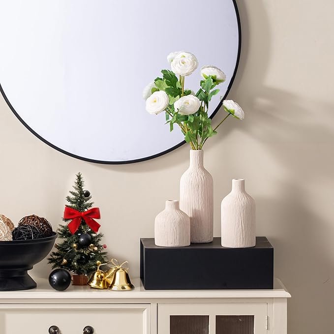 Ceramic Vase Home Table Decor - White Flower Vase Set of 3 Living Room Kitchen Decorations Farmhouse Modern Rustic Vases Decorative Centerpiece for Shelf Bedroom Office Bathroom Dining Coffee Desk