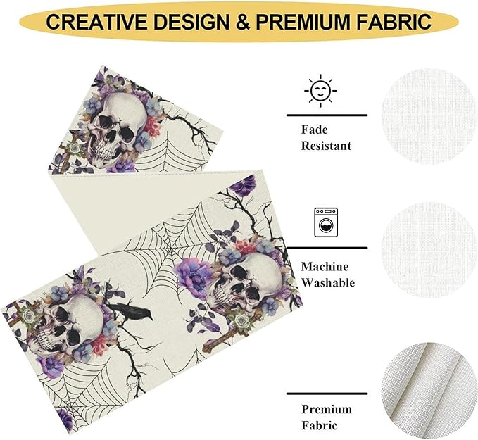 Gothic Floral Table Runner, Retro Dark Skull Spider Web Crow Flower Halloween Witchy Coffee Table Center Decor for Home Kitchen Dining Patio Holiday Party Table Decorations 13x108 inches