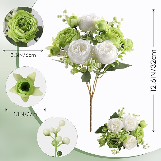 Floweroyal 2 Bunches Peony Artificial Flowers Green Flowers Silk Peonies Bouquets for Wedding Party Table Centerpieces Floral Arrangement Home Kitchen Decor