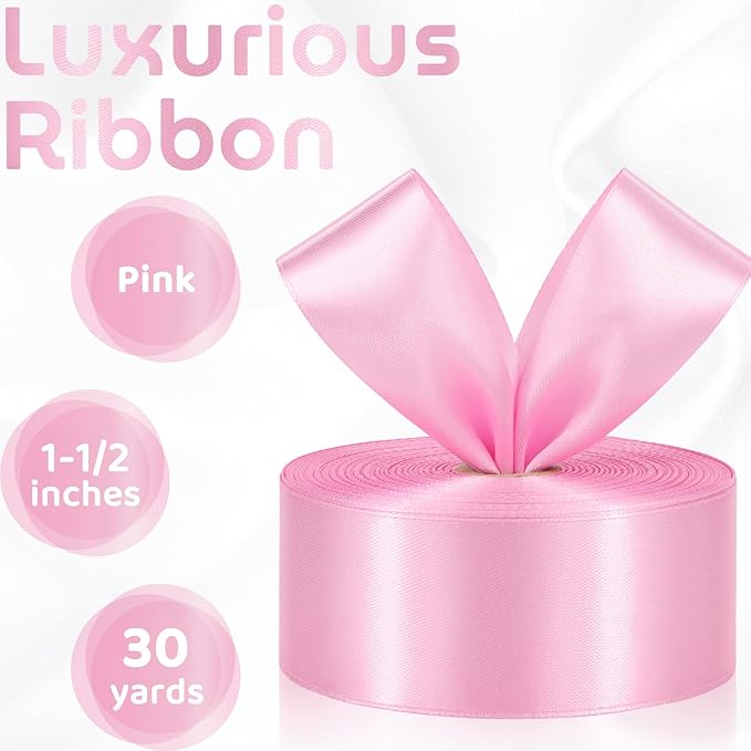 Pink Ribbon 1-1/2 Inch 30 Yards Pink Satin Ribbon for Flower Bouquet, Fabric Ribbon for Gift Wrapping Crafts Hair Eternal Flowers Sewing Wedding Christmas