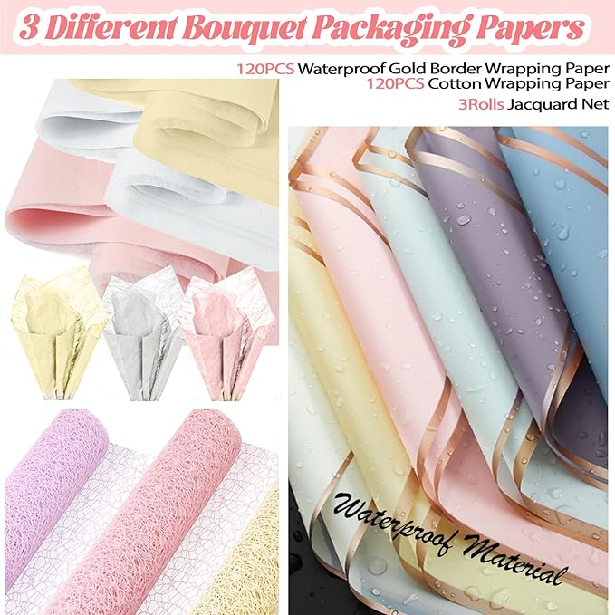 512Pcs Flower Wrapping Paper Kit with 120 Sheets Waterproof Floral Wrapping Paper 3D Butterfly Decor Crowns,Bouquet Pins Ribbons,DIY Crafts for Mother's Day Valentines Graduation Birthday Gift