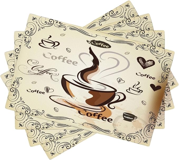 Coffee Kitchen Placemats Vintage Rustic Coffee Theme Latte Tea Cup Cappuccino Placemats Table Kitchen Dining Party 12x18 Inch Set of 6