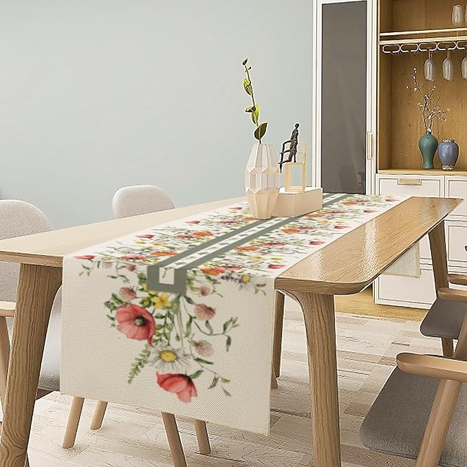 Watercolor Floral Table Runner, Red Wildflowers Botanical Nature Farmhouse Design Table Runner for Kitchen Dining Home Party, 13x90 Inch