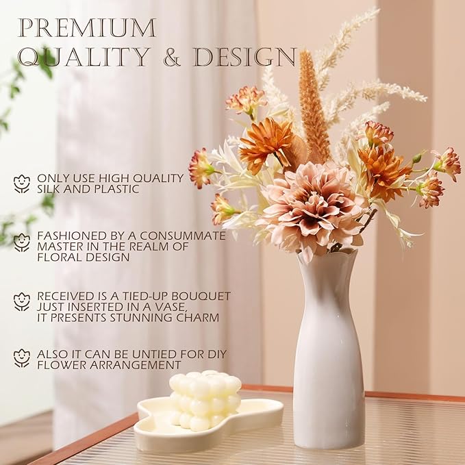 Fake Flower Bouquet, Faux Flower Arrangement for Decorating Kitchens, Bedrooms, Bathrooms, Realistic Artificial Flowers Made of Silk & Plastic, Floral Decoration with Dahlia & Small Blossoms