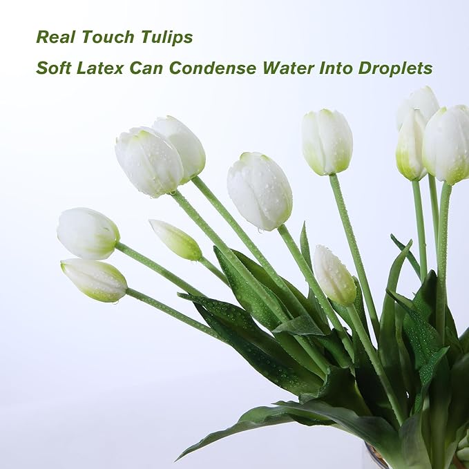 20PCS White Fake Tulips Artificial Flowers Real Touch Latex Faux Tulips UV Resistant Fake Flowers Bouquet for Table Home Decor Party Wedding Garden Decoration