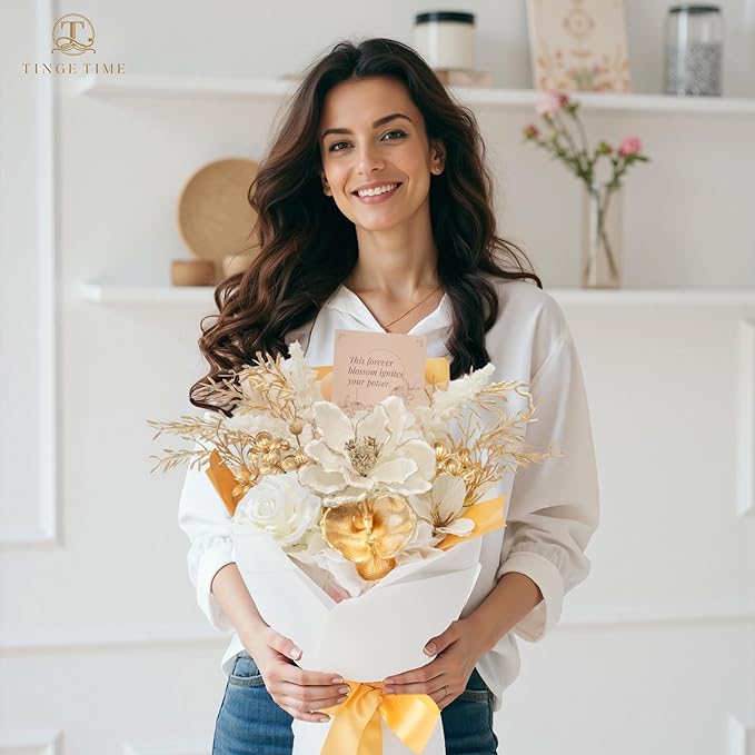 TINGE TIME White Gold Artificial Flowers Bouquet, Platinum Gift Bouquet for Women, Eternal Fake Flower Gift for Christmas Anniversary Birthday Home Décor (White & Gold)