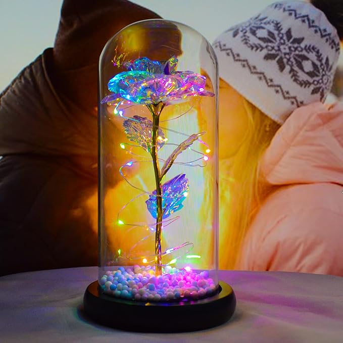 QUELIEN Christmas Rose Flower Gifts for her,Artificial Flower Lasts in A Glass Dome, Unique Gifts is for Mothers Day,Christmas,Anniversary(Color)