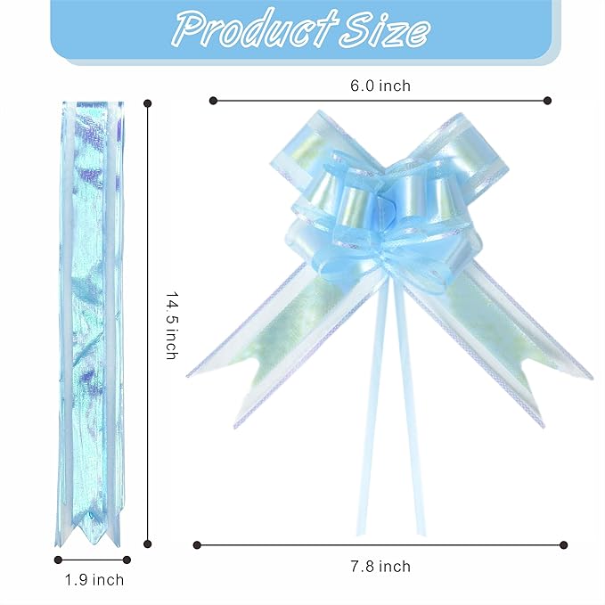 24PCS Sky Blue Pull Bows for Gift Wrapping, 6" Large Pre-Tied Decorative Bows for Christmas, Wedding, Birthday, Party Decorations, Reusable Instant Floral Decors for Gifts, Bouquets, Baskets