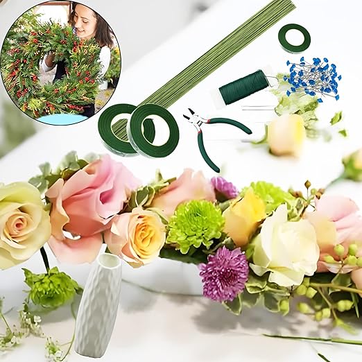 Floral Tape and Floral Wire Arrangement Tools Kit with Wire Cutter - 1 pcs vase, 16 Gauge Floral Stem Wire and 22 Gauge Paddle Wire, Boutonniere Pin, for Bouquet Stem Wrapping and Floral Crafts