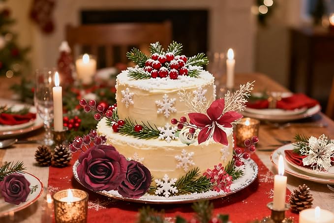 YYHUAWU Artificial Christmas Flowers Greenery Combo Box Set Faux Flowers Bulk Flower Leaf with Stems for DIY Tree Ornaments Xmas Wreath Floral Arrangements Centerpieces
