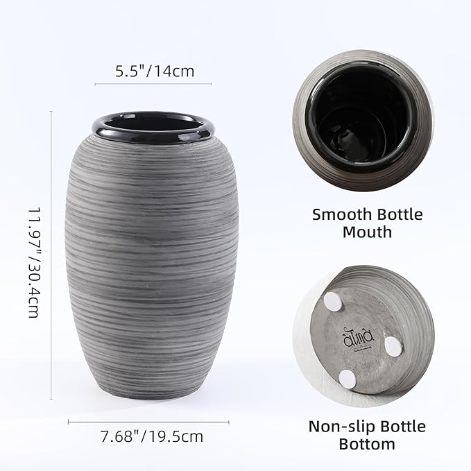 ALMA 12'' Wide Mouth Vase Home Decor, Black Boho Tall Pampas Grass Vase for Table Centerpieces, Grey Rustic Decorative Vase for Living Room, Farmhouse, Entryway, Mantel, Bookshelf