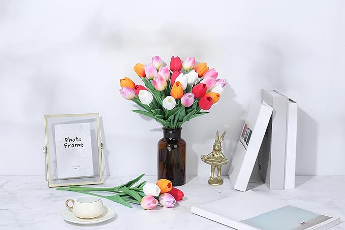 SITUMEIZI Fake Flowers Tulips Artificial Silk Flower 15pcs Real Touch 14" for Spring Easter Home Kitchen Wedding Bouquet Bulk Mother's Gift Day Decorations(Multicolor,5-3)