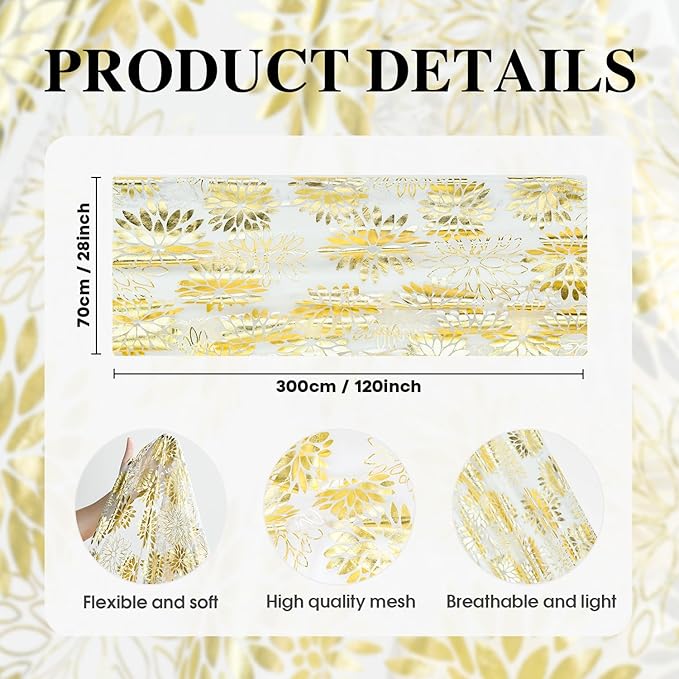 Artoid Mode 3PCS Beige Gold Dahlia Flower Gauze Table Runner 120 Inch 10FT, Glitter Metallic Foil Seasonal Sheer Dining Holiday Table Decor for Home Party