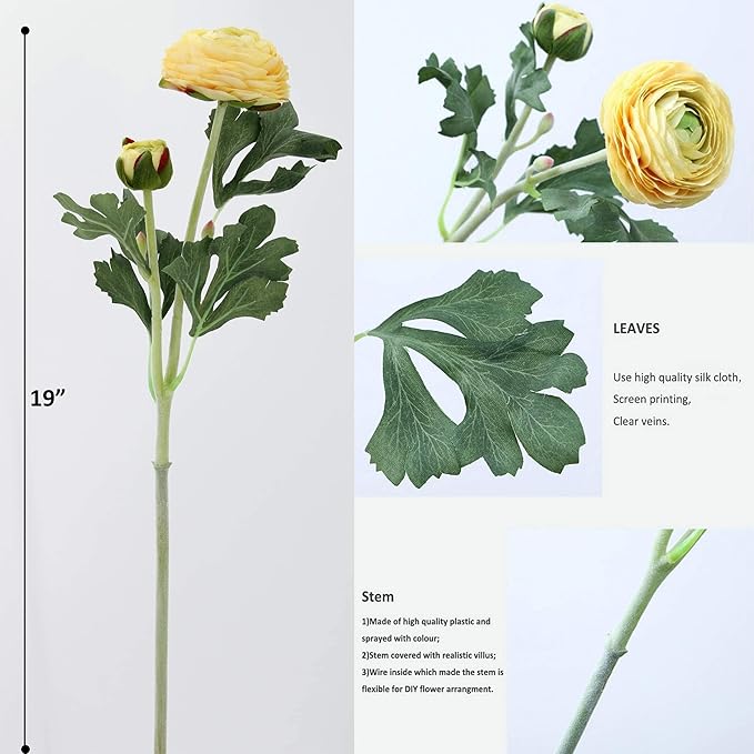 Yellow Ranunculus Artificial Flowerswith Real Touch Stem, Fake Ranunculus Flowers (Yellow, 6pcs)