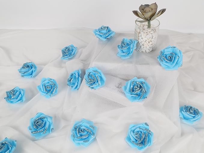 Light Blue Glitter Roses 100pcs Blue Foam Roses 2.56" Glitter Flowers Fake Roses for Baby Shower Centerpieces Faux Floral Arrangement Wedding Cake Flowers Decorations (Light Blue)