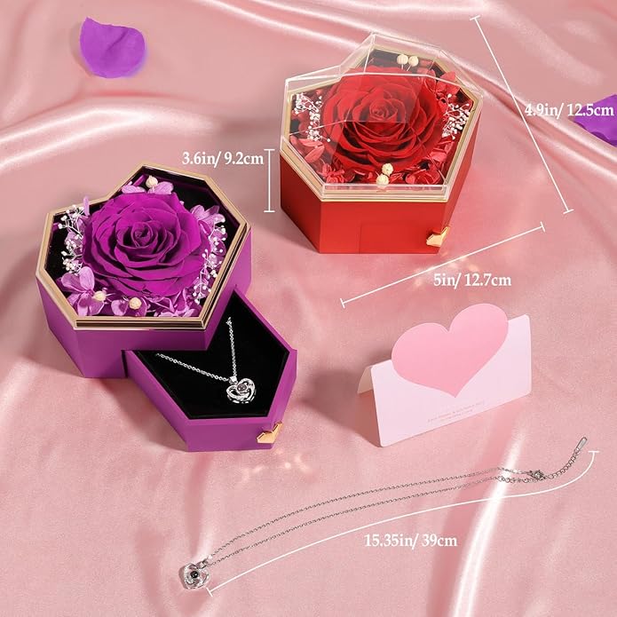 Emibele Preserved Rose Gifts for Women, Eternal Flower Rose Box with Heart Necklace, Romantic I Love You Gifts for Her Women Wife Mom Grandma on Valentines Mothers Day Birthday Anniversary