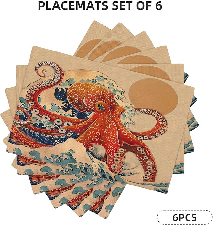 Retro Octopus Placemats Set of 6 Washable Table Vintage Japanese Wave Heat-Resistant Cotton Linen Place Mats for Dining Table Kitchen Indoor Outdoor Party Holiday Decor
