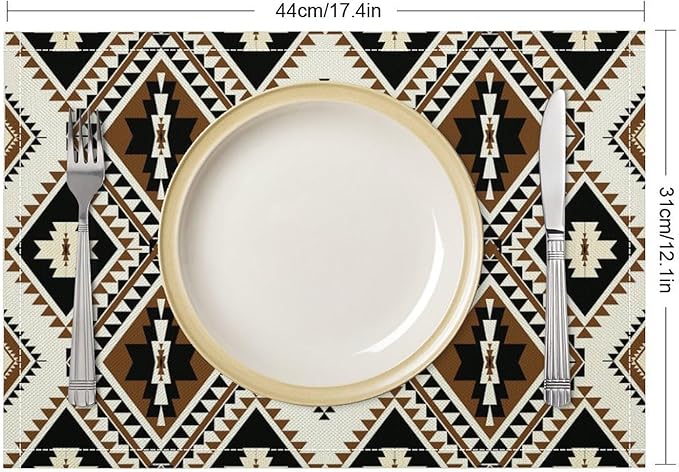 Aztec Placemats Set of 4 American Native Tribal Abstract Geometric Art Printed Dining Table Mats for Restaurant Home Kitchen Holiday Decor 12x18in