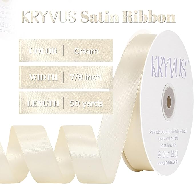 Cream Satin Ribbon, Double Faced 7/8 Inch X 50 Yards Cream Ribbon, Premium Satin Ribbon for Gift Wrapping, Crafts, Hair Bow Making, Sewing, Flower Bouquet, Wedding Party Decor