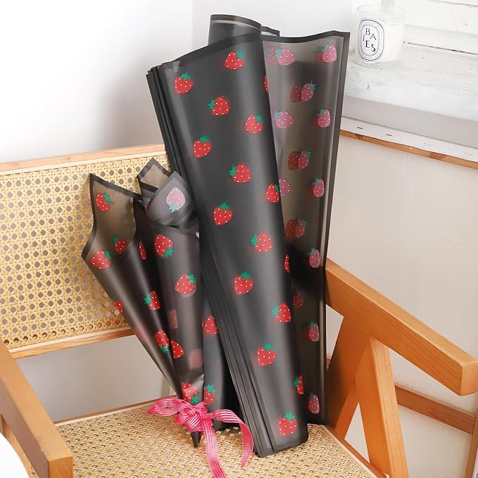 HLTOO 20 Sheets Flower Wrapping Paper, Bouquet Floral Packaging Paper with Strawberry Pattern, for Wedding, Party, Mother's Day, Birthday, and DIY Craft Florist Supplies (BlackBlack)