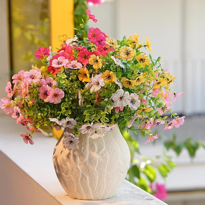 Artificial Flowers for Outdoor Indoor Garden Home Decoration, Faux Flower Daisy with Eucalyptus Leaves Fake Plants Greenery Boxwood Porch Patio, 10 Bundles(Pink-White)