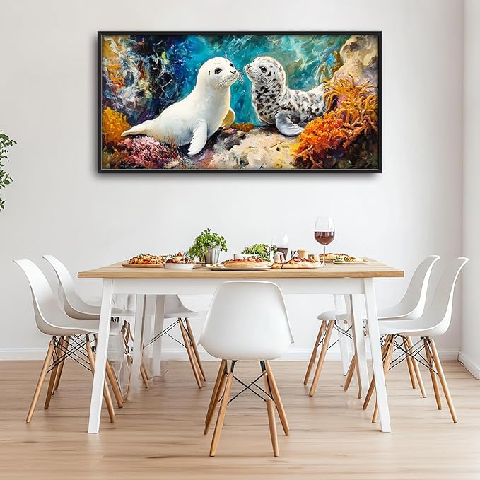 Extra Large Seal Framed Wall Art for Living Room,Oversized Underwater Animal Pictures Wall Decor,Ocean Coral Reef Canvas Print Painting Modern Artwork Bedroom Office Bathroom 60L x 30W