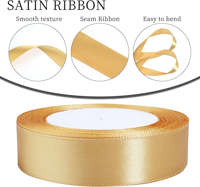 Gold Ribbon for Gift Wrapping, 1 inch Polyester Satin Hair Ribbons for Flower Bouquet, Weeding Decoration, Baby Shower, Crafts Bows Fabric Christmas Ribbon 25 Yards