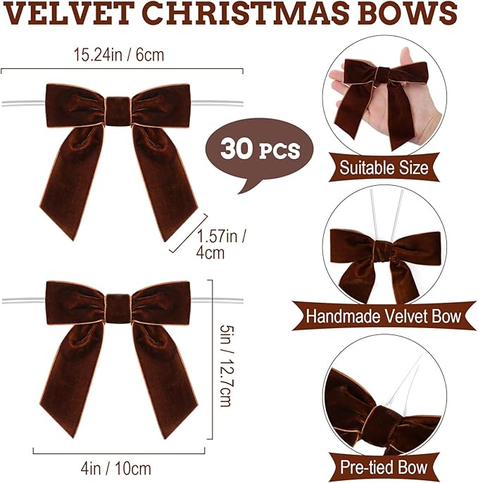 30 Pcs Velvet Ribbon Bows 5" x 4" Pre Tied Christmas Velvet Bows with Twist Tie for Gift Packaging Christmas Tree Wreaths Door Windows Wedding Party Decoration(Brown)