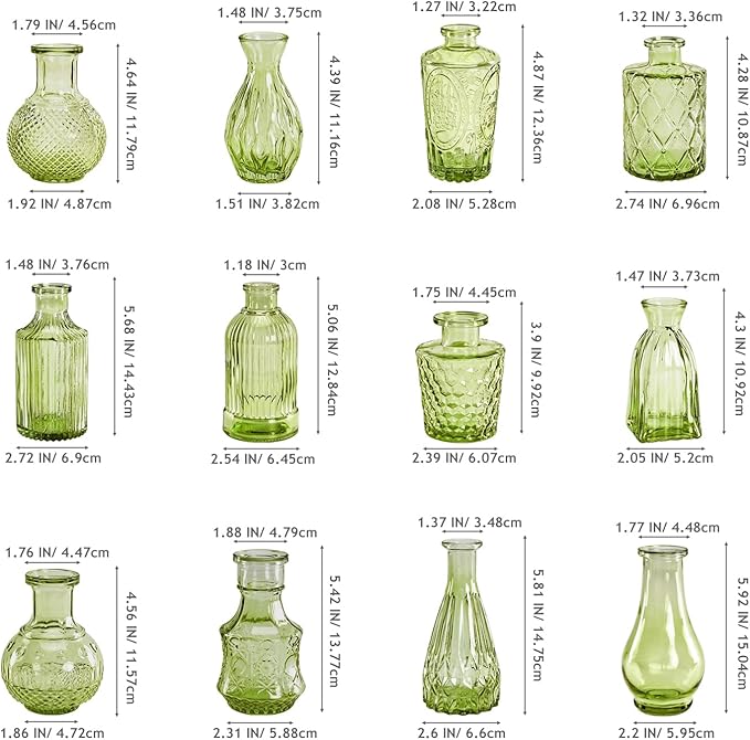 Green Small Bud Vases in Bulk 12, Vintage Embossed Flower Vases for Centerpieces, Boho Glass Vase for Flowers, Decorative Mini Vase for Wedding Decoration Party Baby Shower Home Dining Table