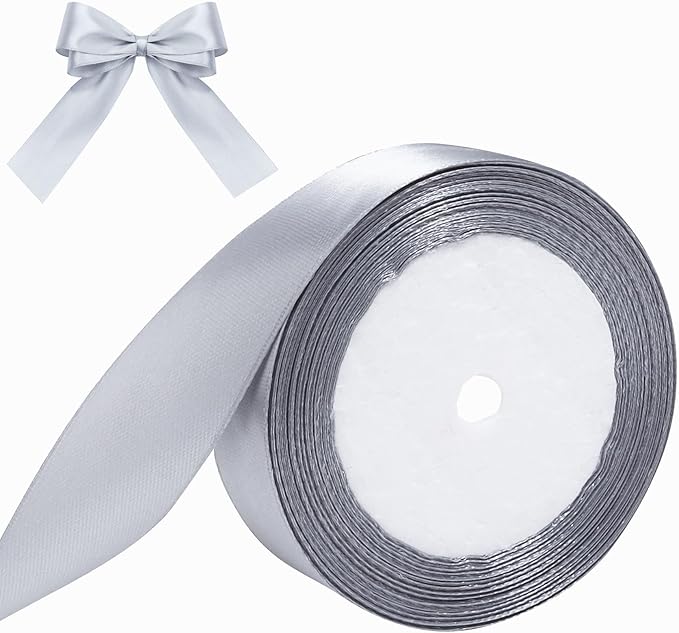 Grey Ribbon for Gift Wrapping, 1 inch Polyester Satin Hair Ribbons for Flower Bouquet, Weeding Decoration, Baby Shower, Crafts Bows Fabric Christmas Ribbon 25 Yards
