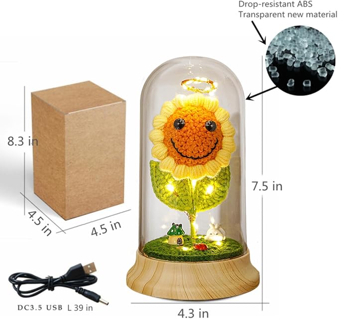 Levvohd Crochet Sunflower Gifts for Women, Sun Flower Birthday Gifts for Grandma, in Plastic Dome Sunflower, for Her Mom Mothers Day Christmas Day Gifts (A - Sunflower 4.3 in X 7.5 in)