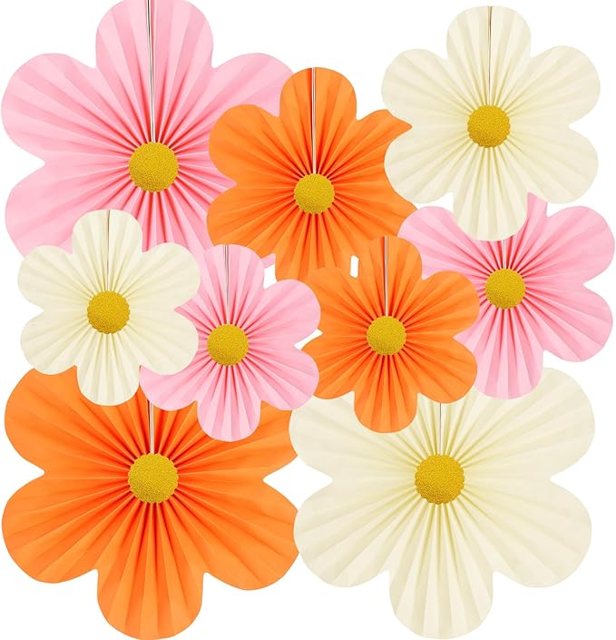 Pink and Orange Party Decorations Paper Flowers Decorations for Wall Classroom Paper Fans Floral Backdrop Flower Wall Decor Pack of 9 Pink Orange